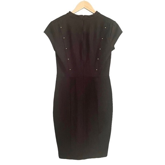 Y2K Cache Bodycon Dress Black Ponte Knit Fitted Gold Stud Studded Sheath Size 6 - Picture 2 of 10